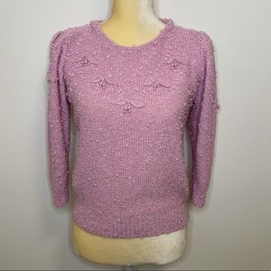 Vintage LeRoy Sweater 80's Cherry Pearl Small Pink Bobble Girly Retro 3/4 Sleeve